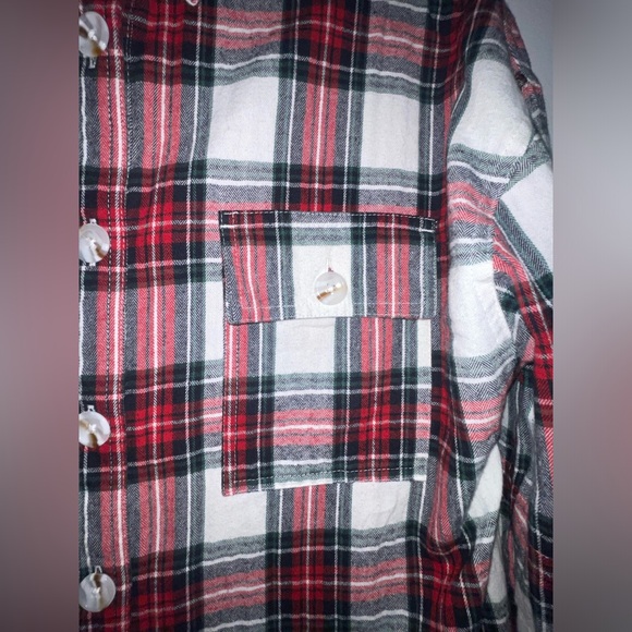River Island Red White Green Check Plaid Oversized Pleated Flannel Shirt Sz M - Picture 4 of 9